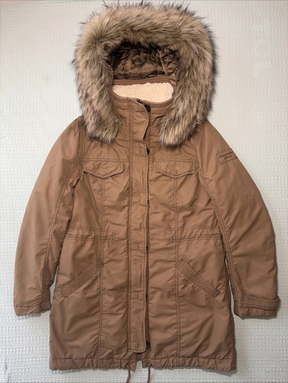 Abercrombie & Fitch Women Parka Jacket XL Faux Fur Hood Brown Winter Coat